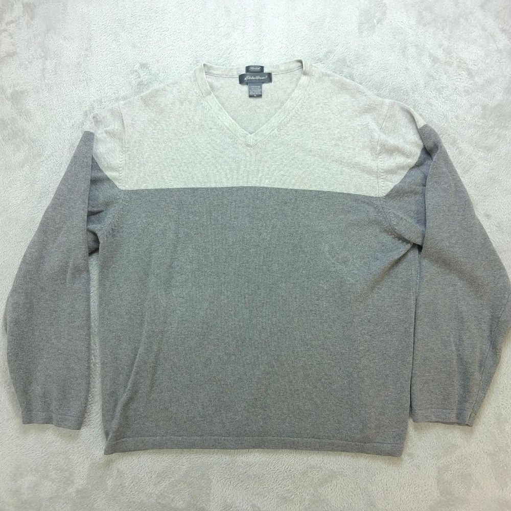Eddie Bauer Mens V-Neck Sweater XL Gray Color Block Cotton Knit Pullover